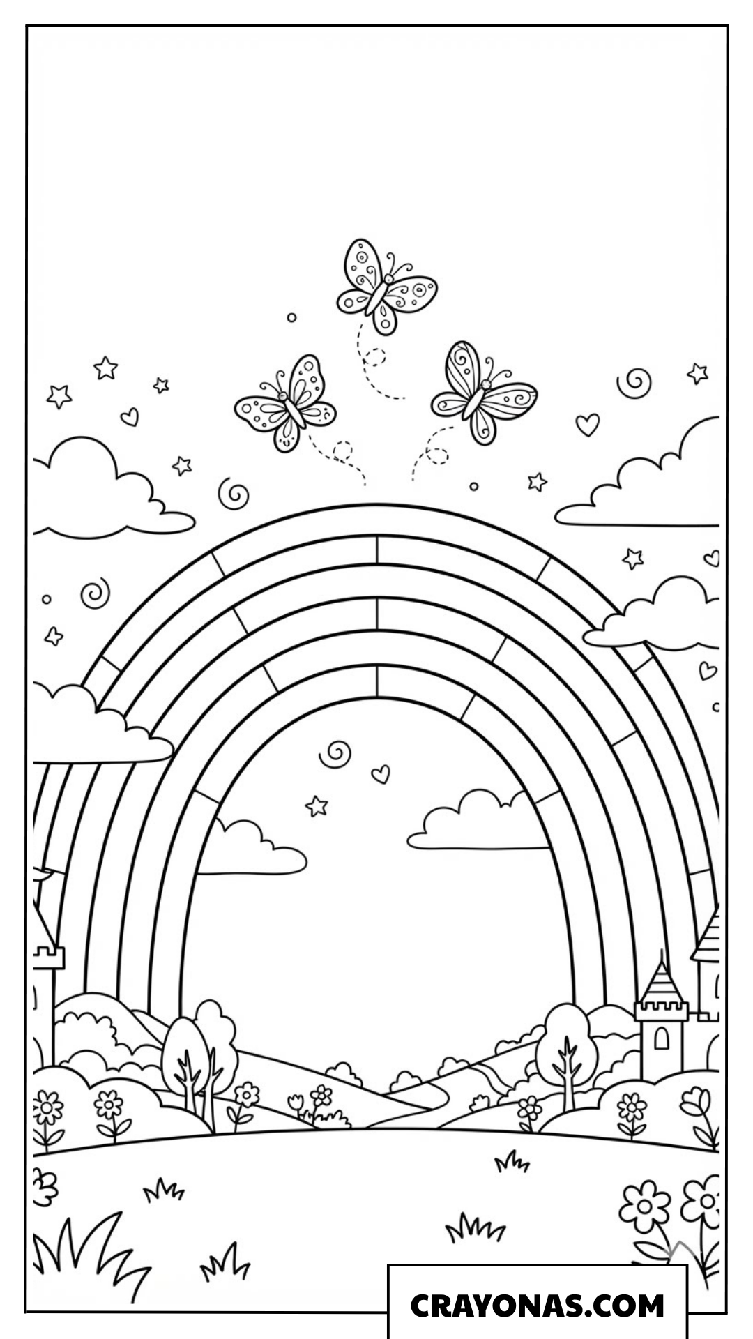 Group of Butterflies Flying Above a Scenic Rainbow Meadow Coloring Page