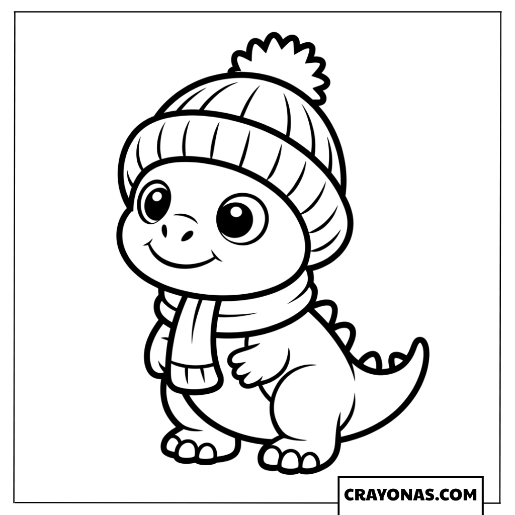 Happy Baby Dinosaur Wearing Winter Beanie and Scarf Coloring Page