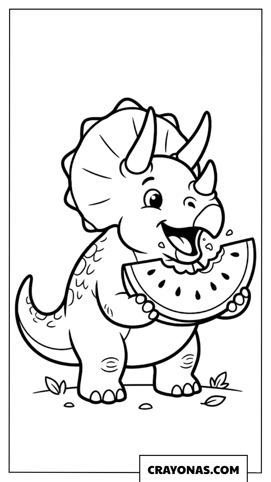 Happy Baby Triceratops Eating a Big Watermelon Slice Coloring Page