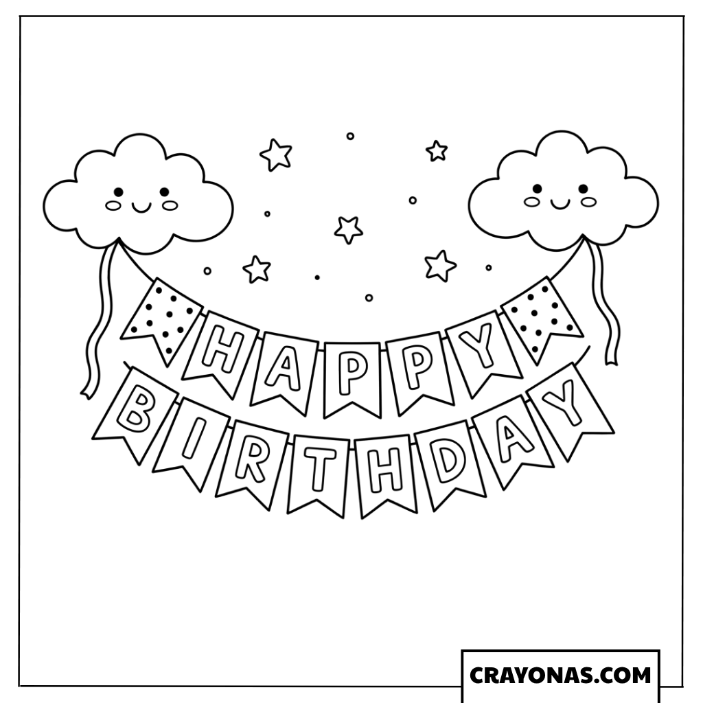 Happy Birthday Banner with Clouds Coloring Page