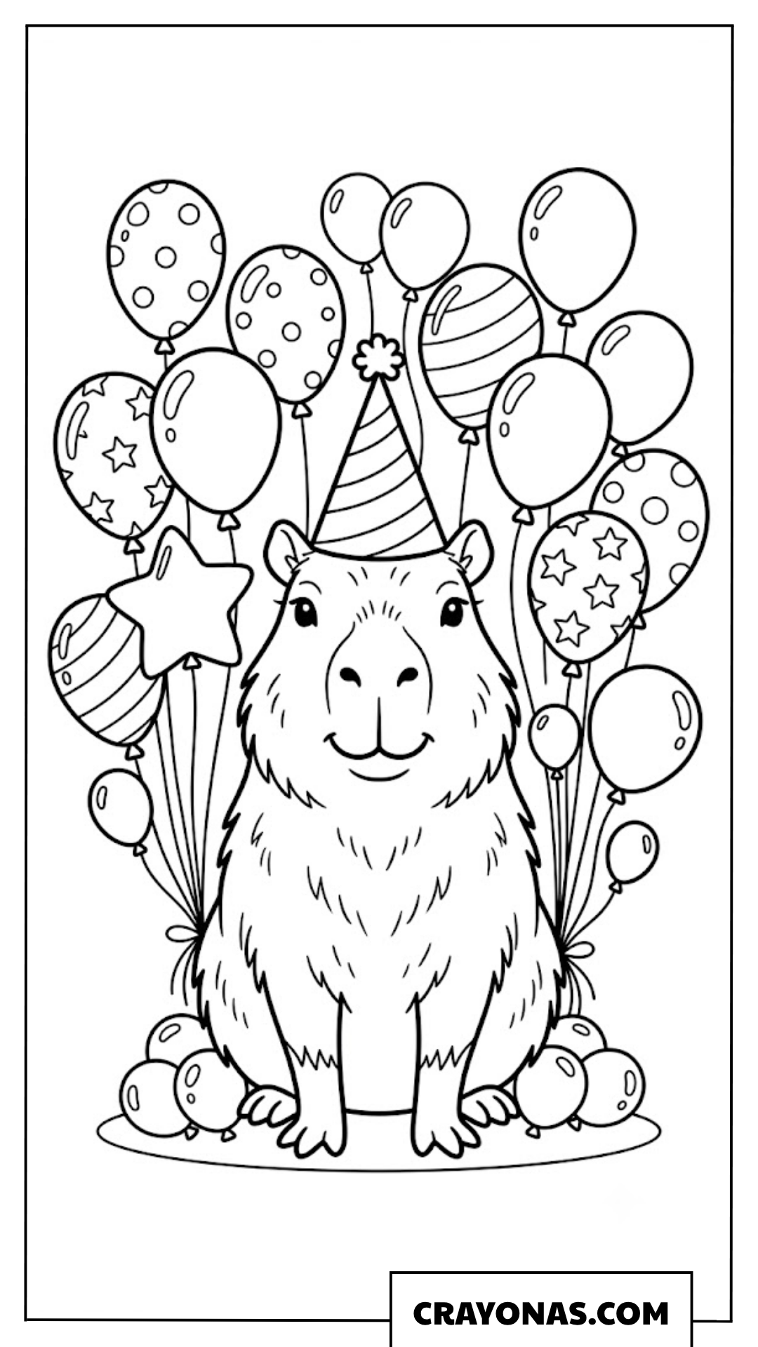 Happy Birthday Capybara with Party Balloons Coloring Page