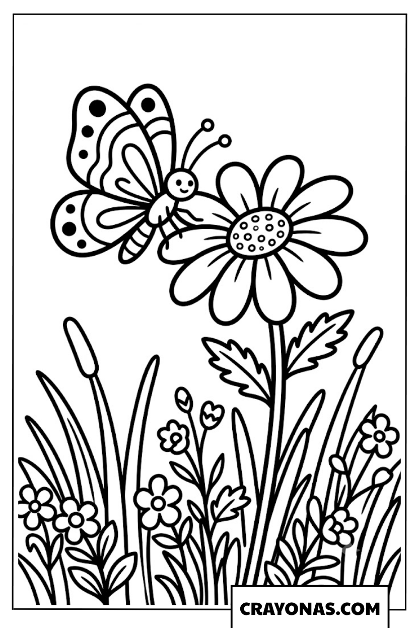 Happy Butterfly on Wildflowers Meadow Coloring Page
