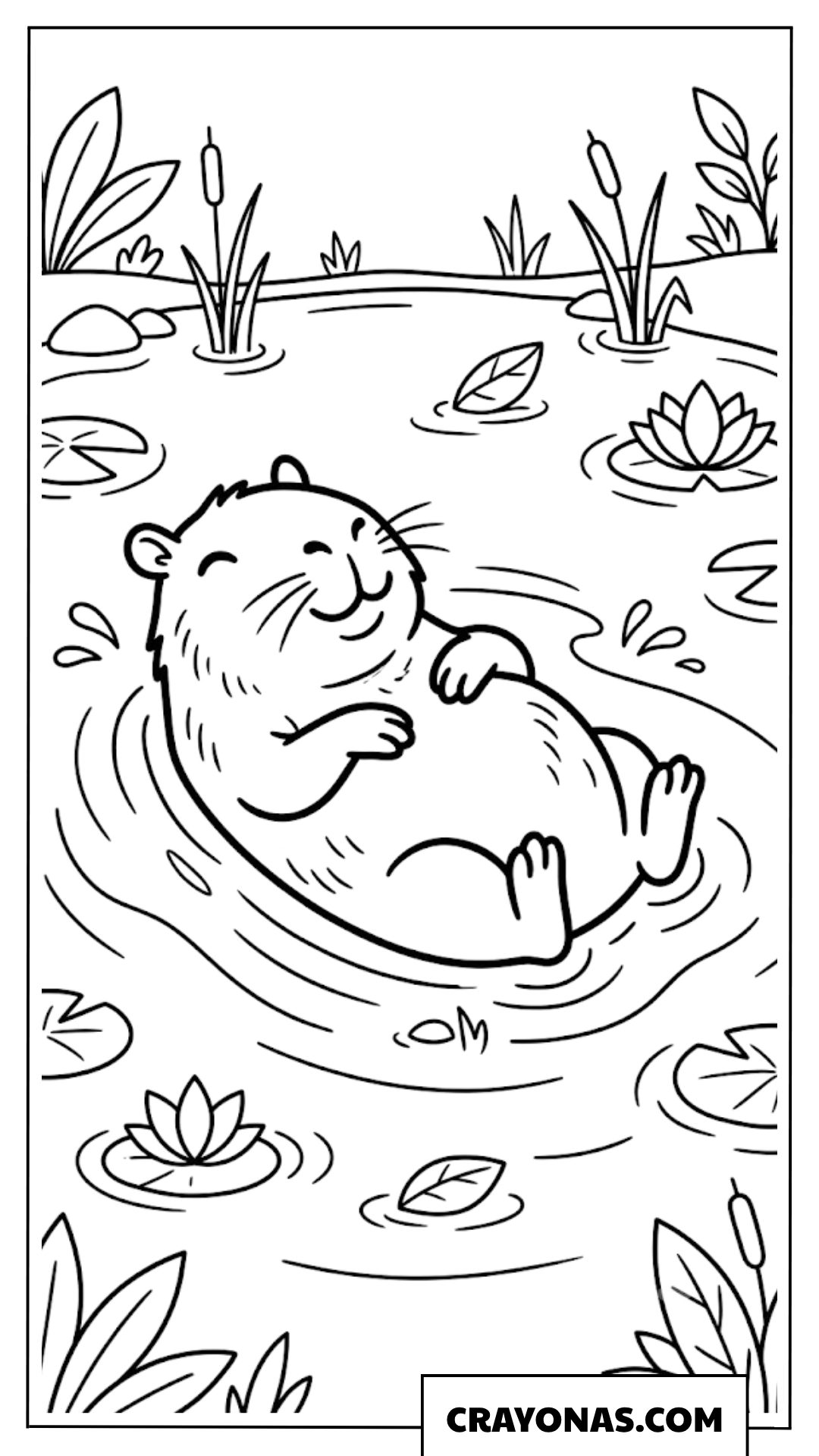 Happy Capybara Floating in Pond Coloring Page