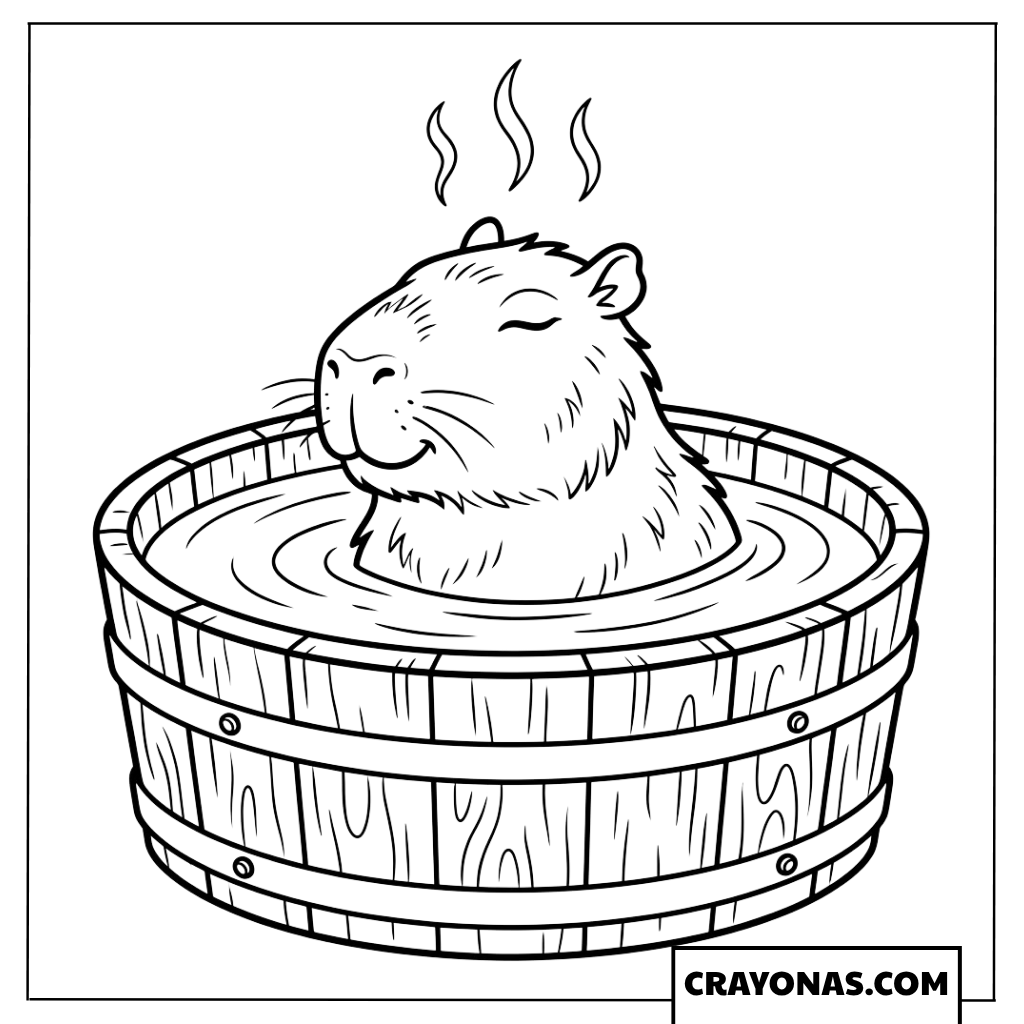 Happy Capybara Relaxing in Wooden Bucket Bath Coloring Page