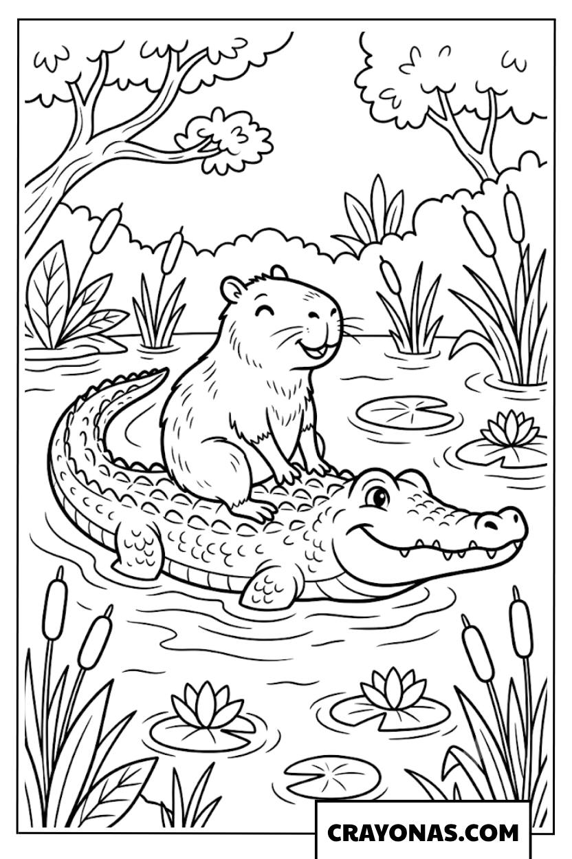 Happy Capybara Riding a Friendly Crocodile Coloring Page