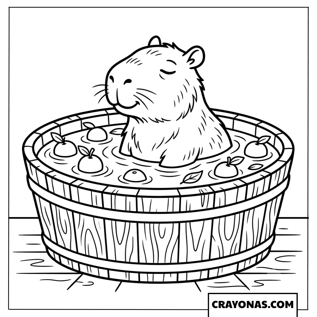 Happy Capybara Soaking in Wooden Bucket Bath Coloring Page