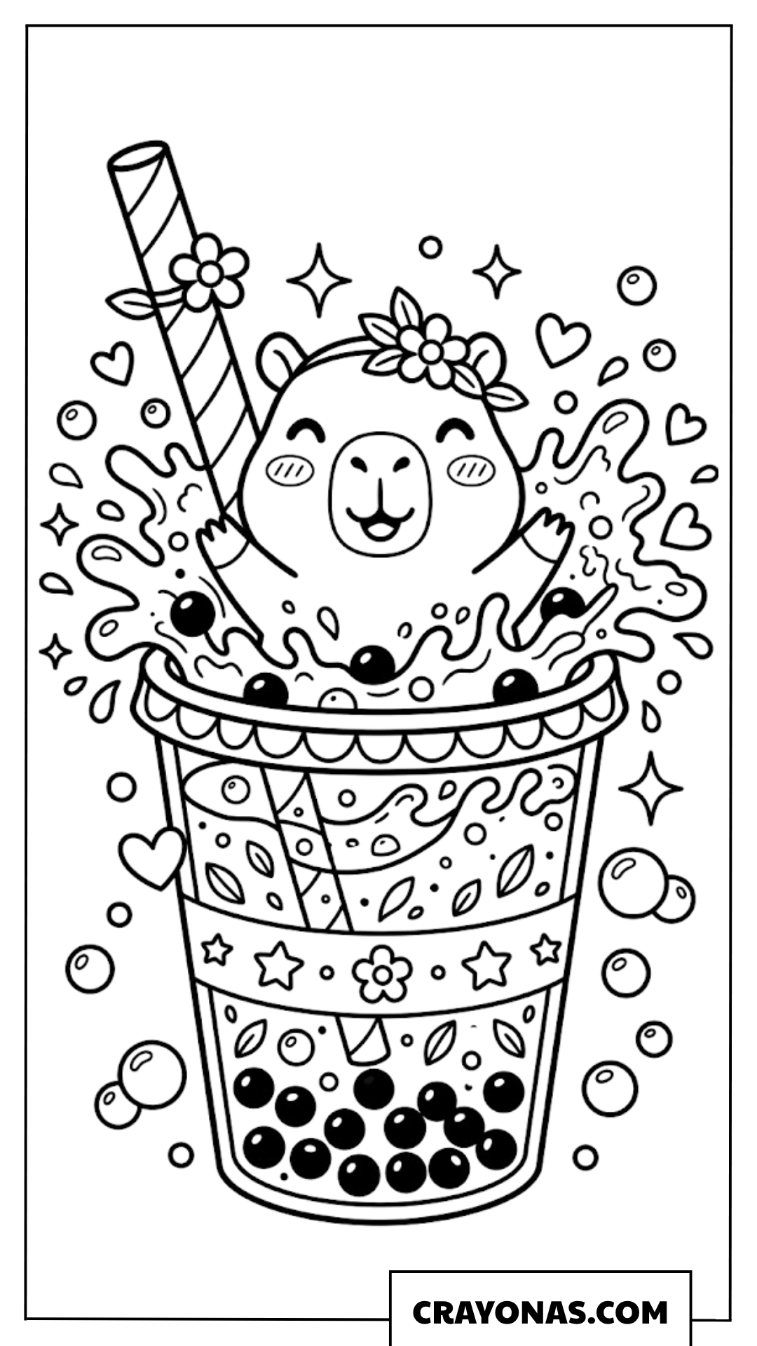 Happy Capybara Splashing in Giant Boba Cup Coloring Page