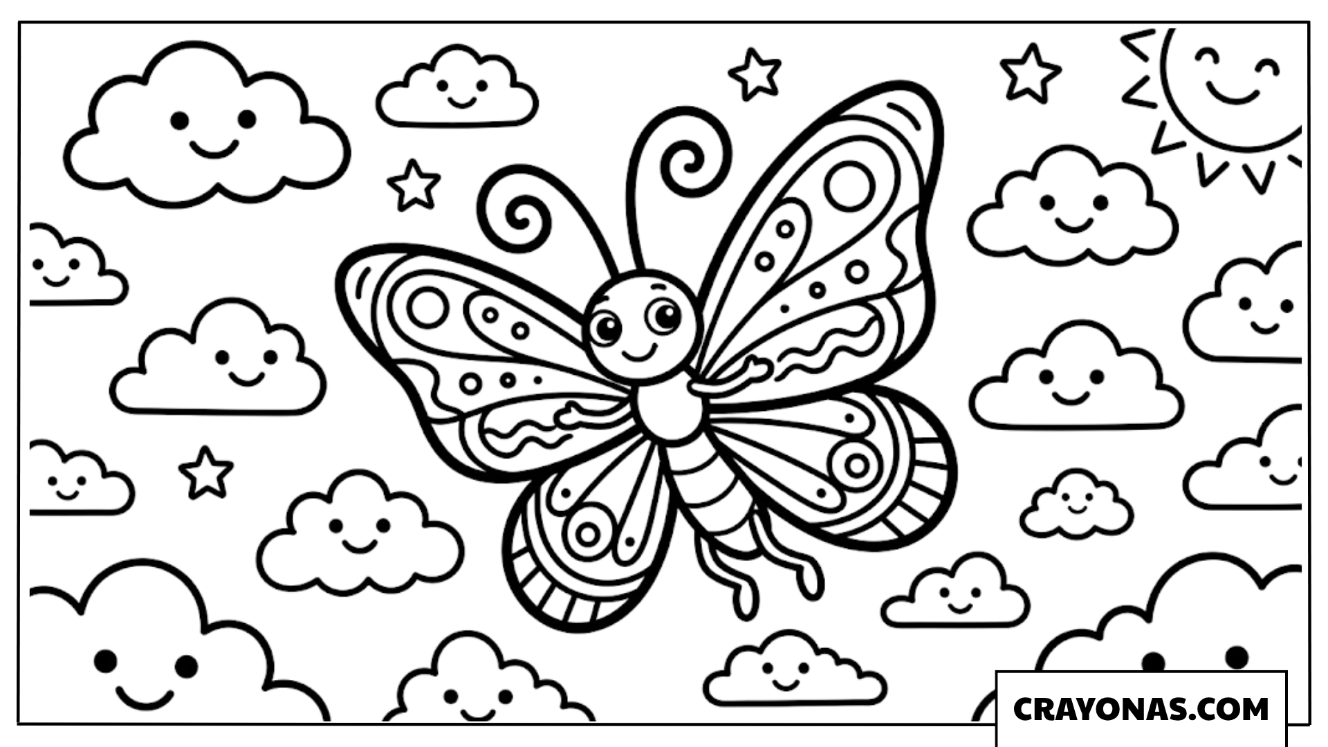 Happy Cartoon Butterfly Flying in the Clouds Coloring Page