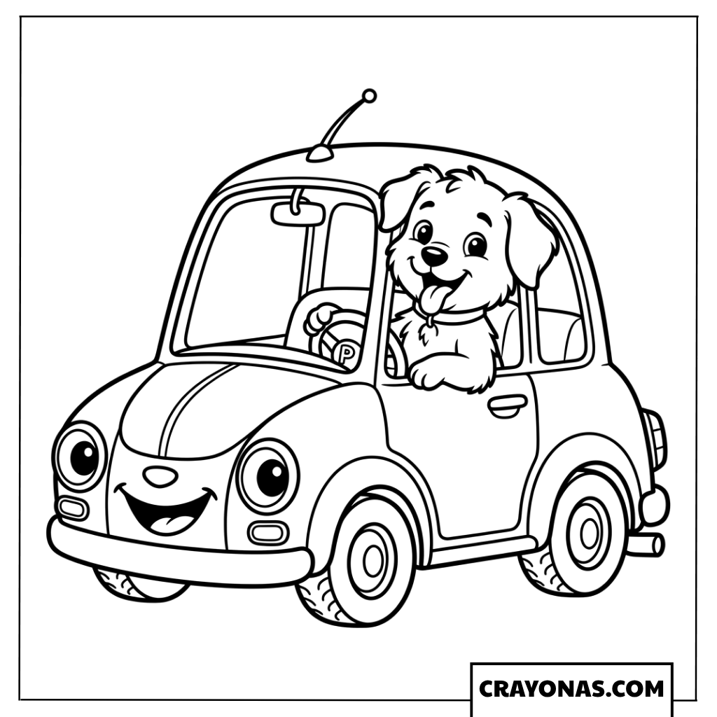 Happy Cartoon Dog Riding in Friendly Small Car Coloring Page