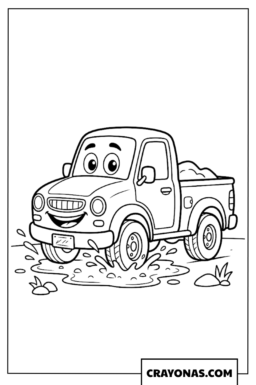Happy Cartoon Pickup Truck Splashing Mud Coloring Page