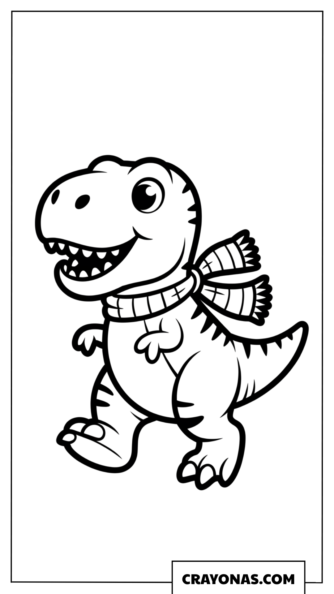 Happy Cartoon T-Rex Wearing Winter Scarf Coloring Page
