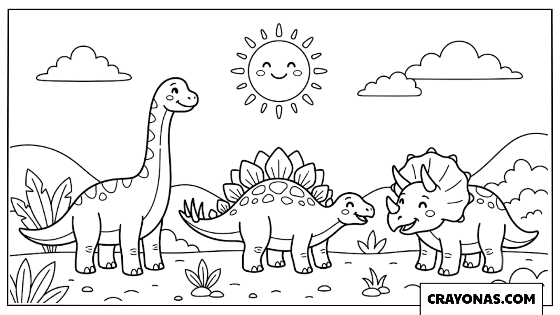 Happy Dinosaur Friends Playing in Meadow with Smiling Sun Coloring Page