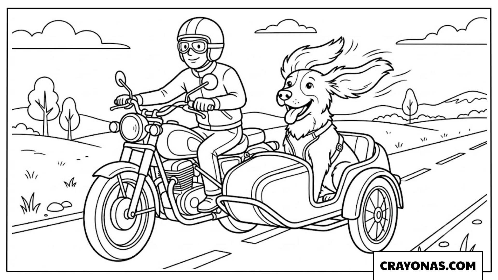 Happy Dog Riding in a Motorcycle Sidecar on Highway Coloring Page