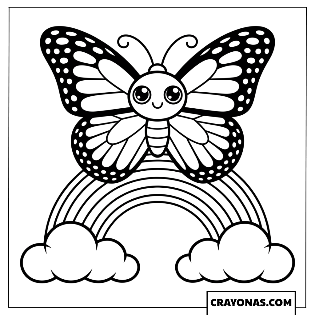 Happy Kawaii Butterfly Sitting on a Rainbow Coloring Page