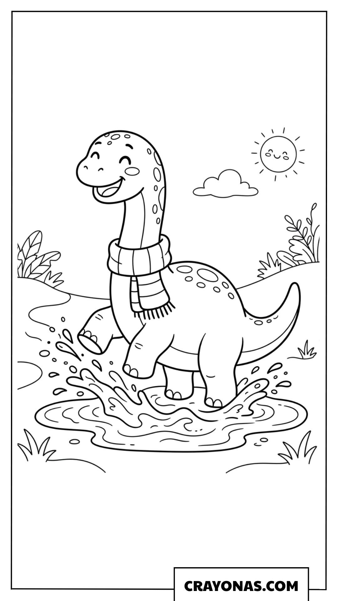 Happy Long Neck Dinosaur Splashing in Puddle Coloring Page