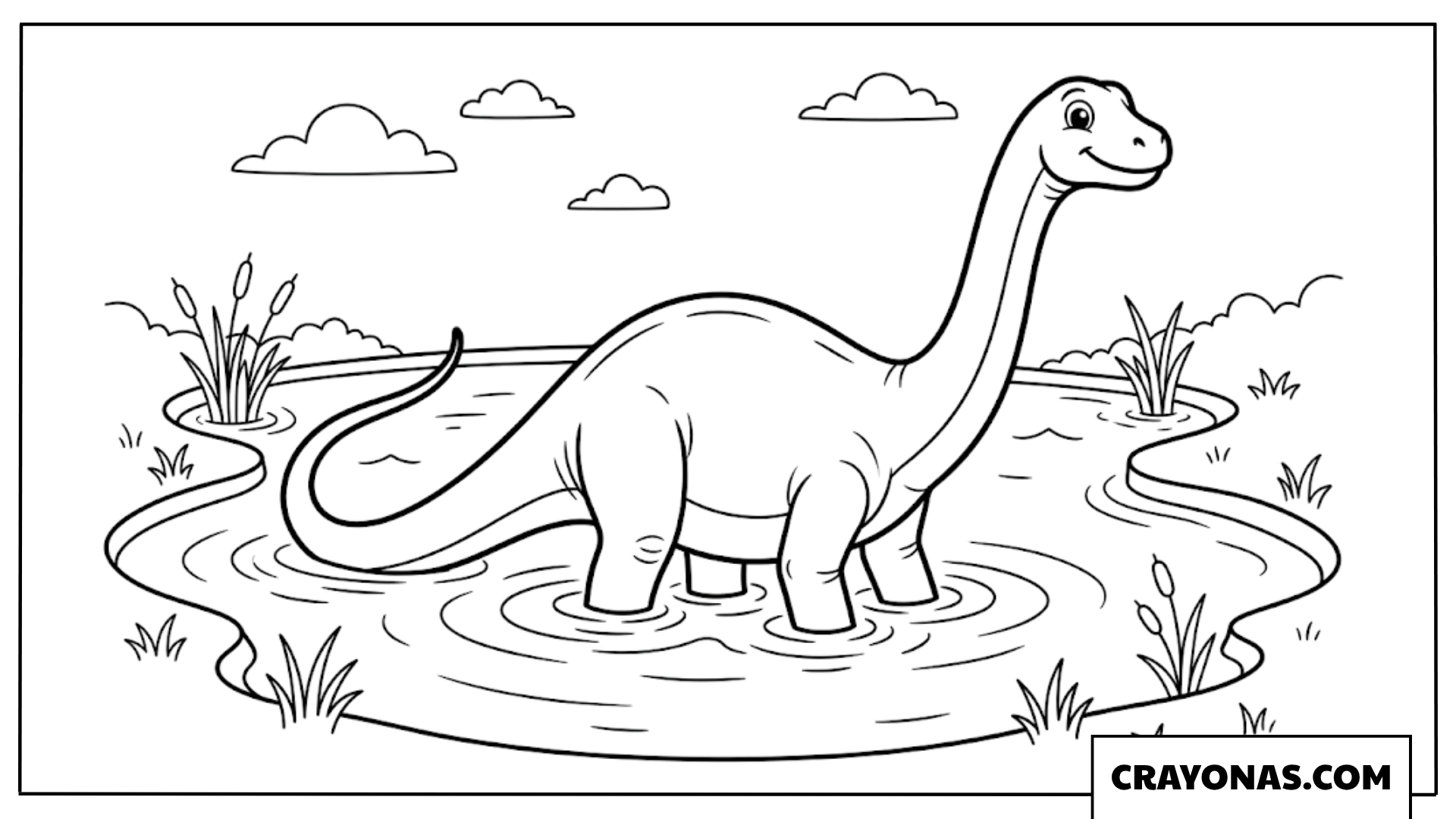 Happy Long Neck Dinosaur Wading in Marsh Pool Coloring Page