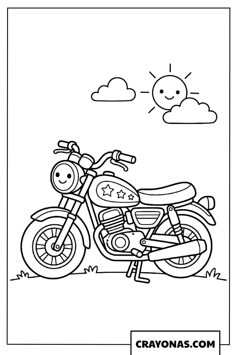 Happy Smiling Cartoon Motorcycle with Stars Coloring Page
