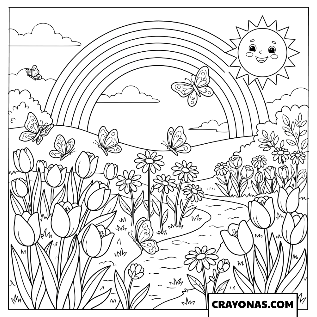 Happy Sun Watching Butterflies in a Rainbow Tulip Garden Coloring Page