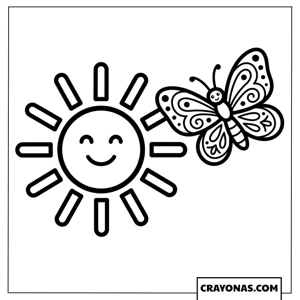 Happy Sun and Flying Butterfly Coloring Page