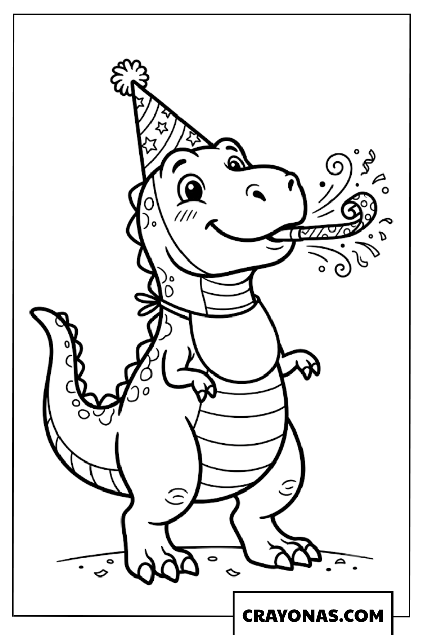 Happy T-Rex Celebrating with Party Hat and Horn Coloring Page