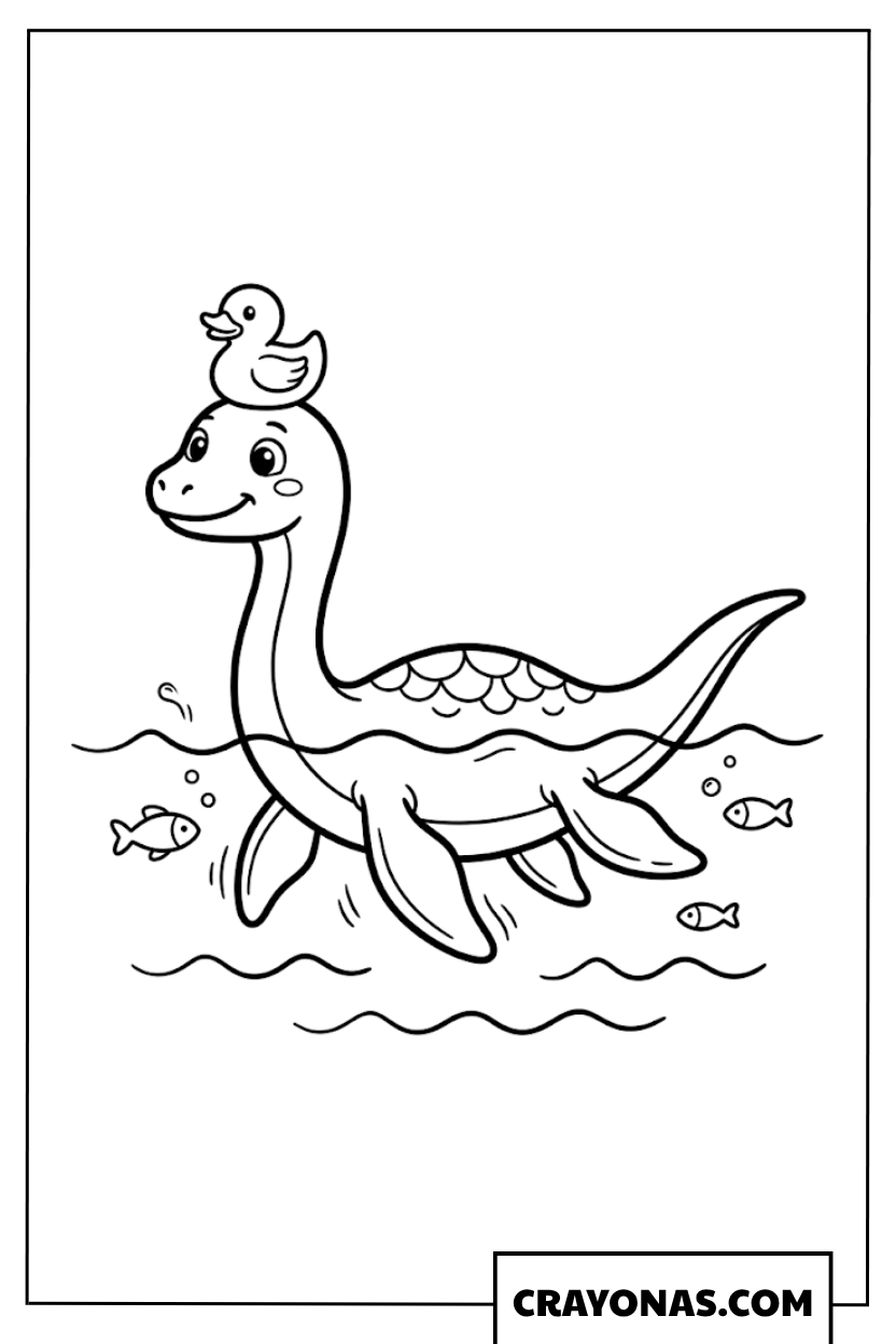 Happy Water Dinosaur with a Rubber Duck on Head Coloring Page