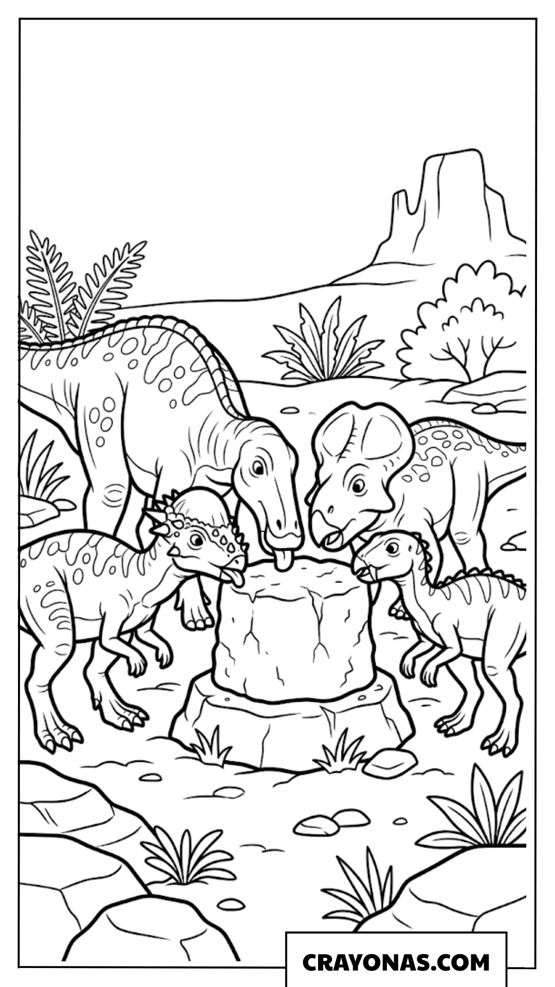 Herd of Herbivore Dinosaurs Gathering at Water Hole Coloring Page