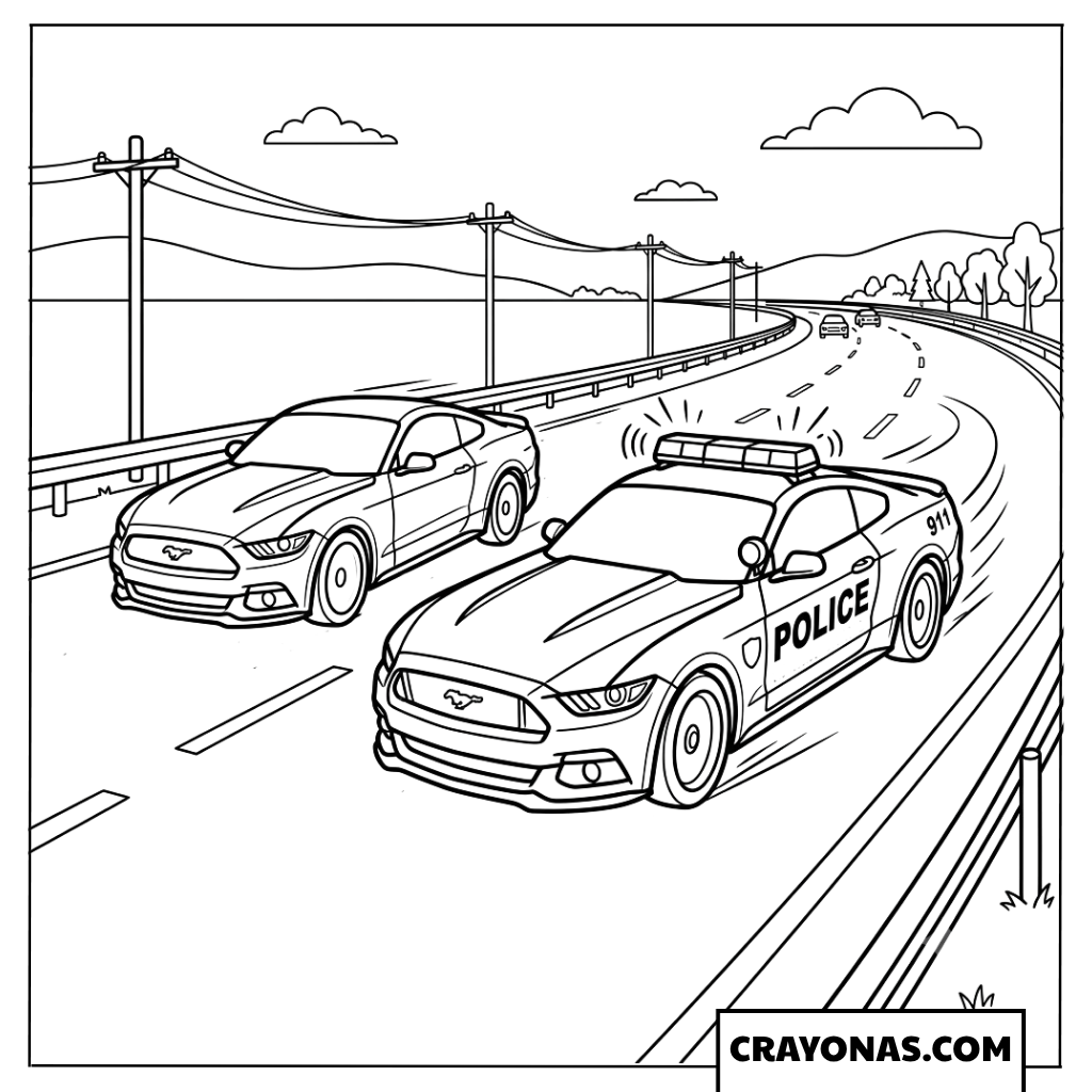 Highway Patrol Police Muscle Car Chasing Speeding Vehicle Coloring Page