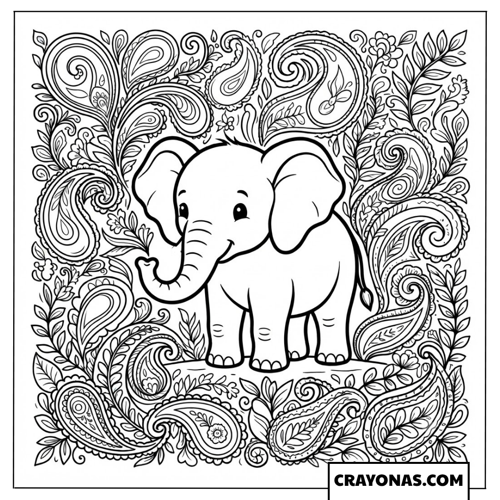 Intricate Paisley Baby Elephant Coloring Page