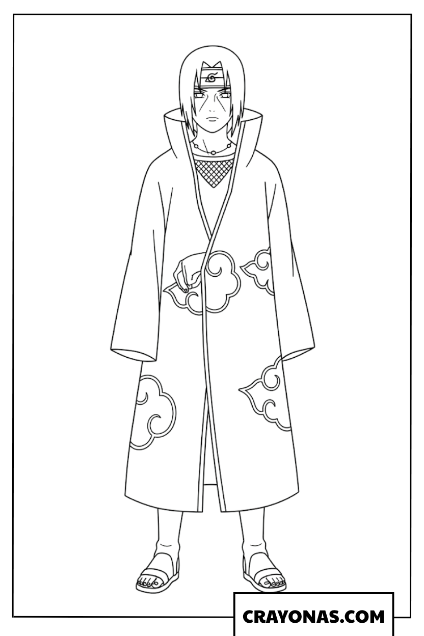 Itachi Uchiha Wearing Iconic Akatsuki Cloak Coloring Page