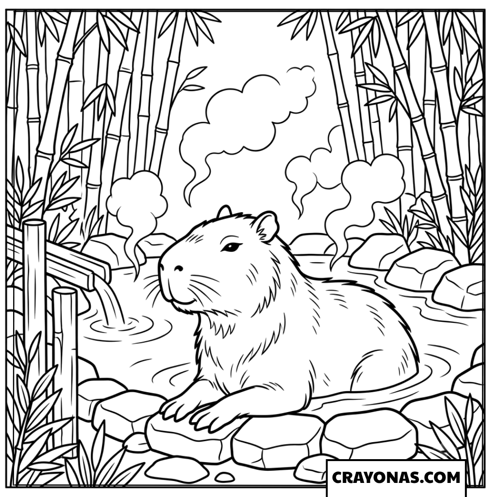 Japanese Onsen Capybara Near Bamboo Forest Coloring Page