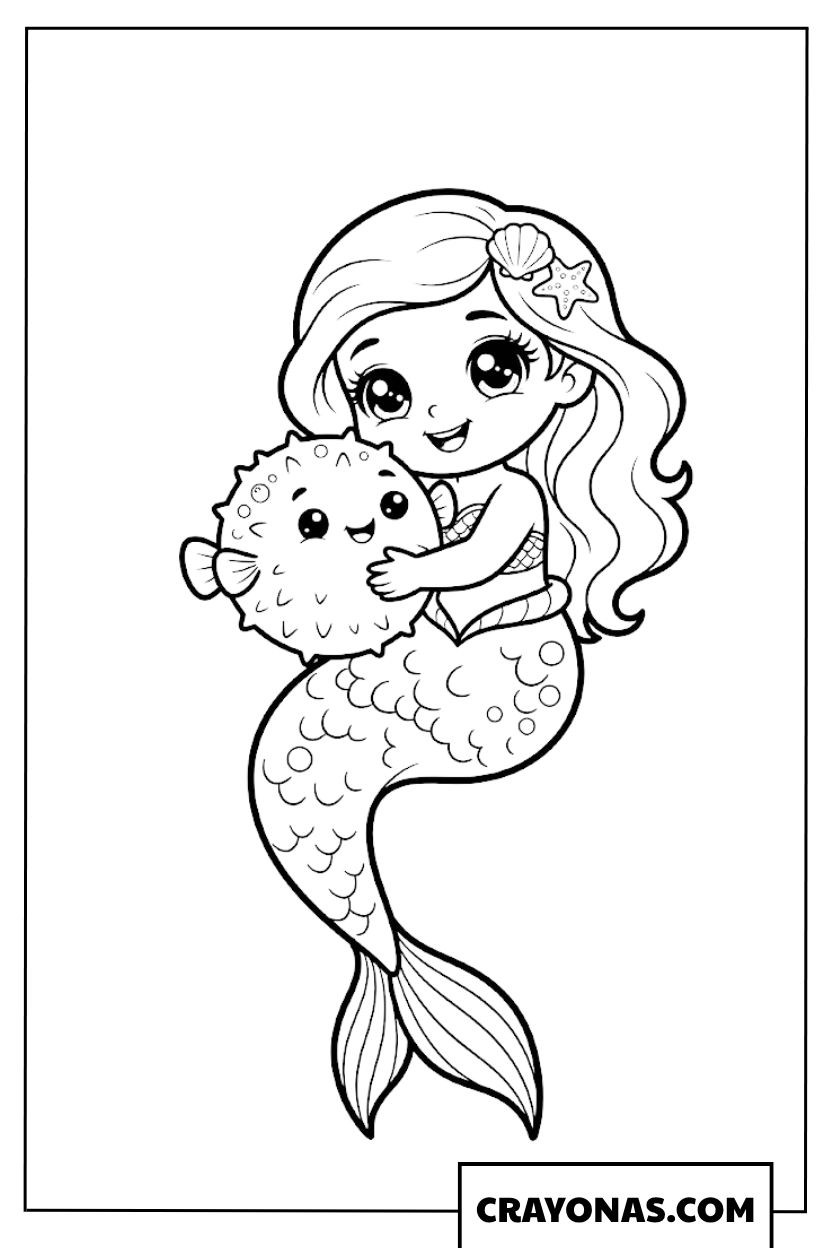 Kawaii Baby Mermaid Hugging Pufferfish Coloring Page