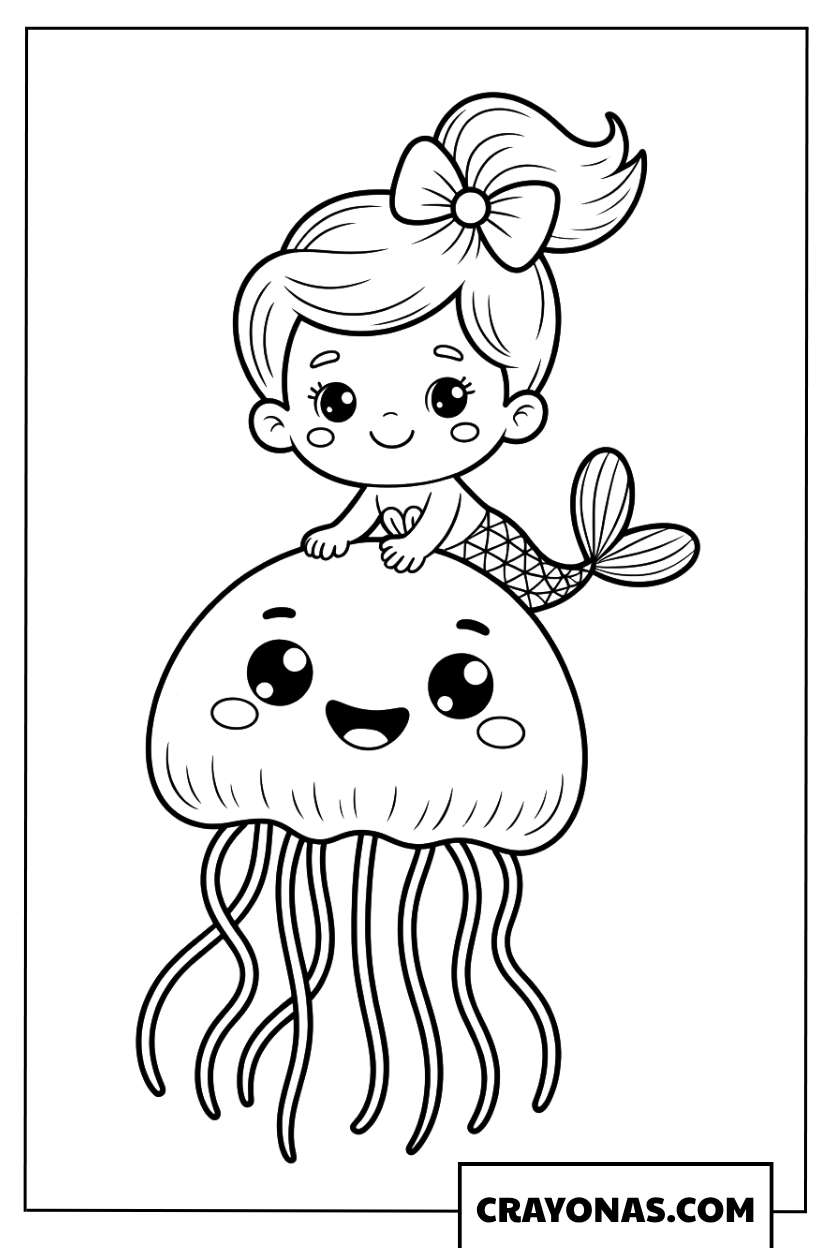 Kawaii Baby Mermaid Riding Jellyfish Coloring Page