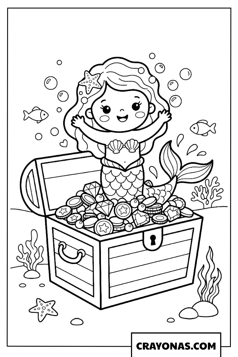 Kawaii Baby Mermaid with Treasure Chest Coloring Page