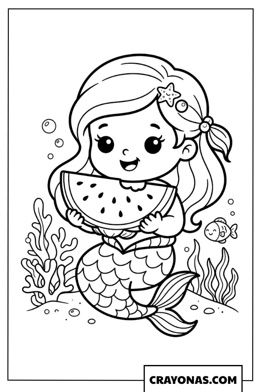 Kawaii Baby Mermaid with Watermelon Coloring Page