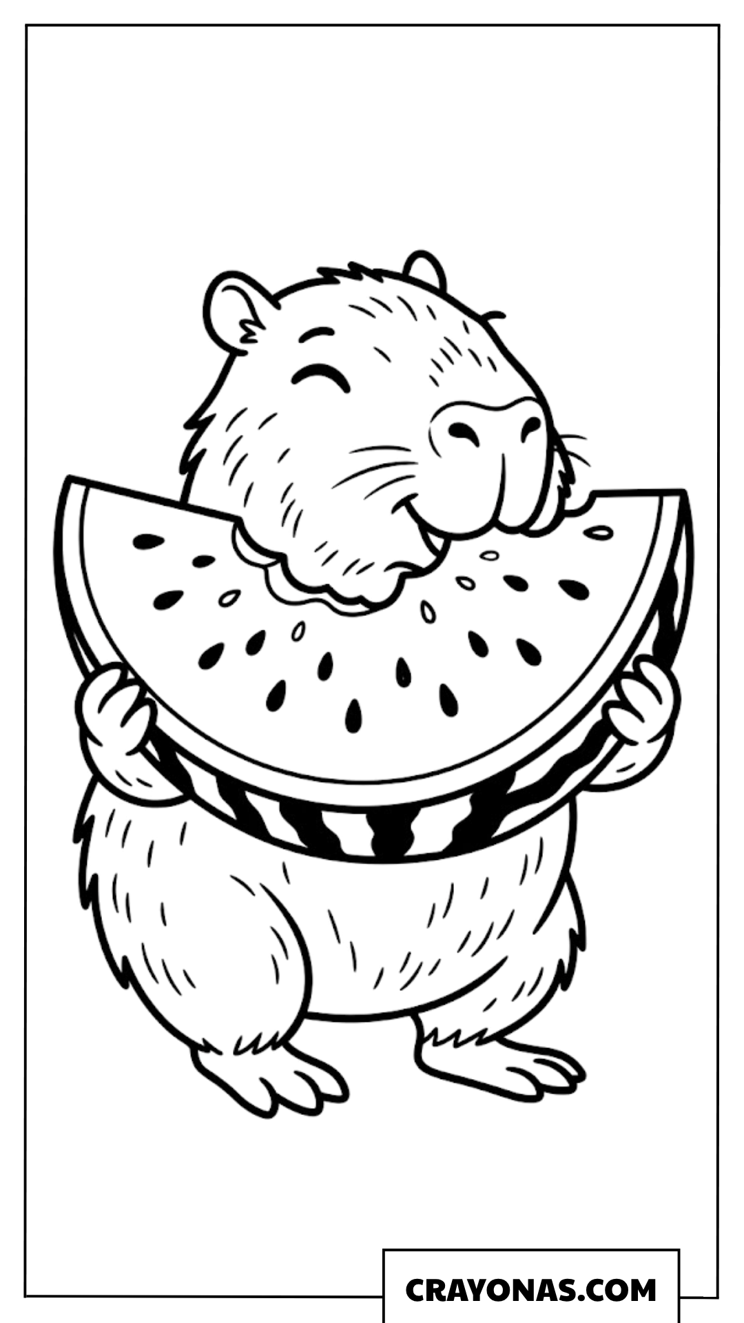 Kawaii Capybara Eating Huge Watermelon Slice Coloring Page