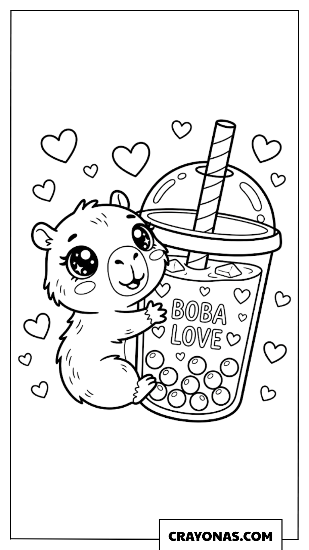 Kawaii Capybara Hugging Boba Cup Coloring Page