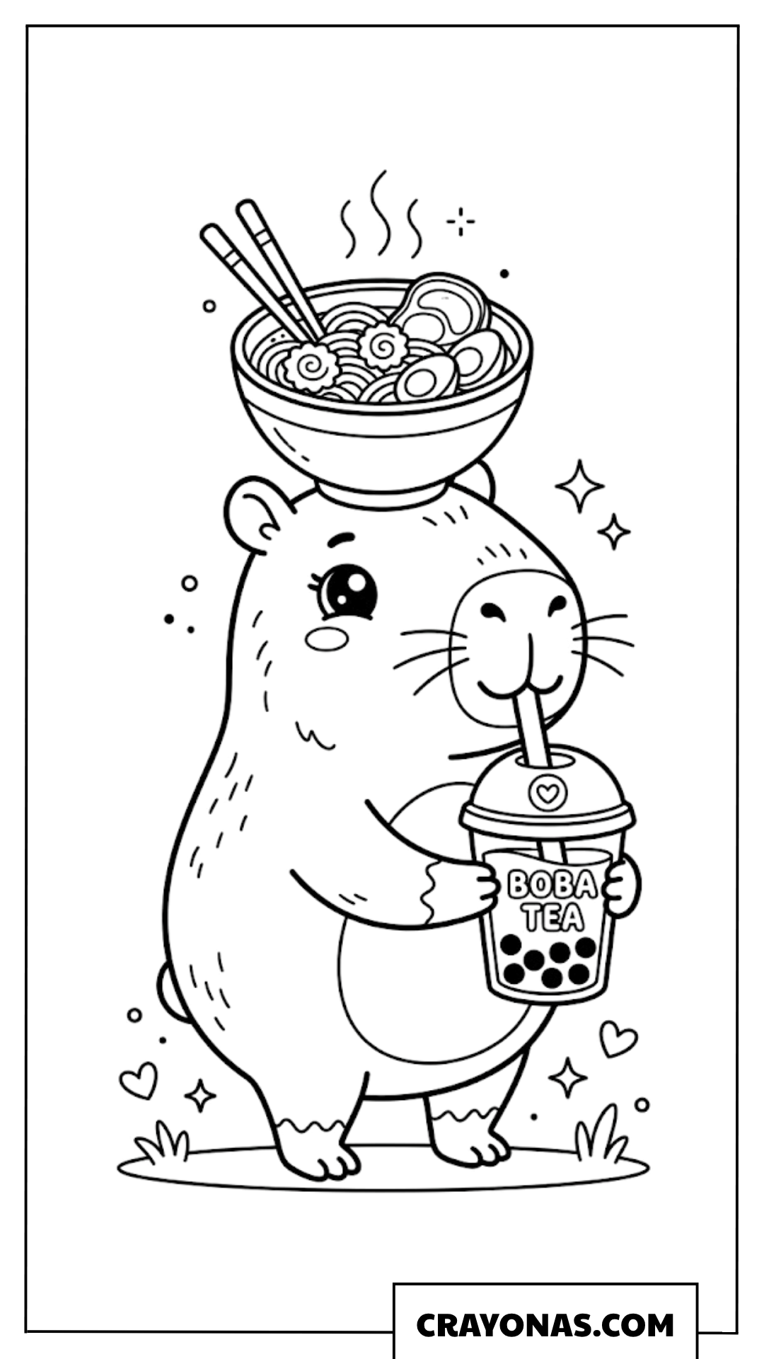 Kawaii Capybara with Ramen Bowl on Head Coloring Page