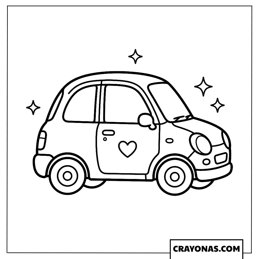 Kawaii Cartoon Car with Heart and Sparkles Coloring Page