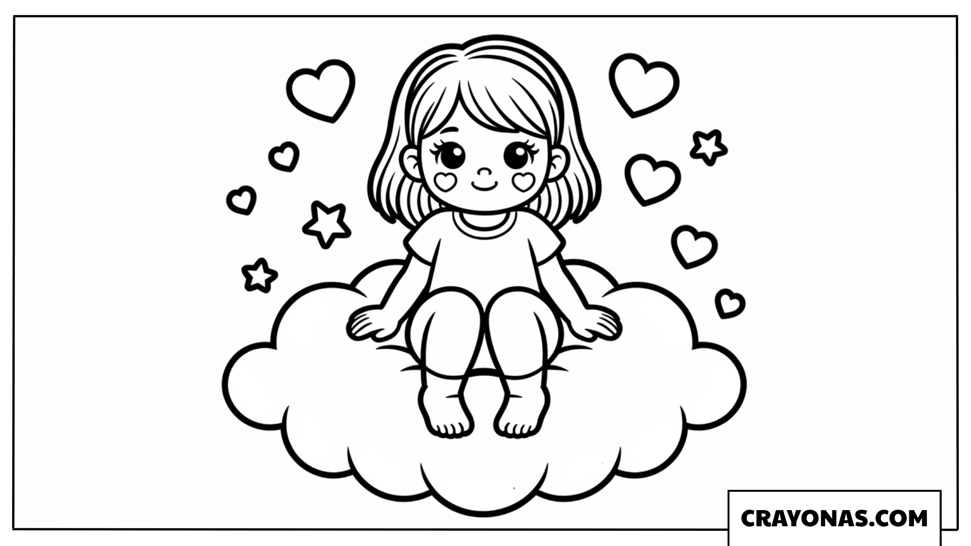Kawaii Girl Sitting on Cloud Coloring Page