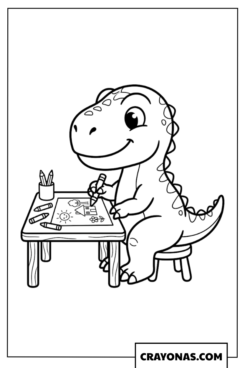 Kawaii Little Dinosaur Sitting and Drawing at Desk Coloring Page