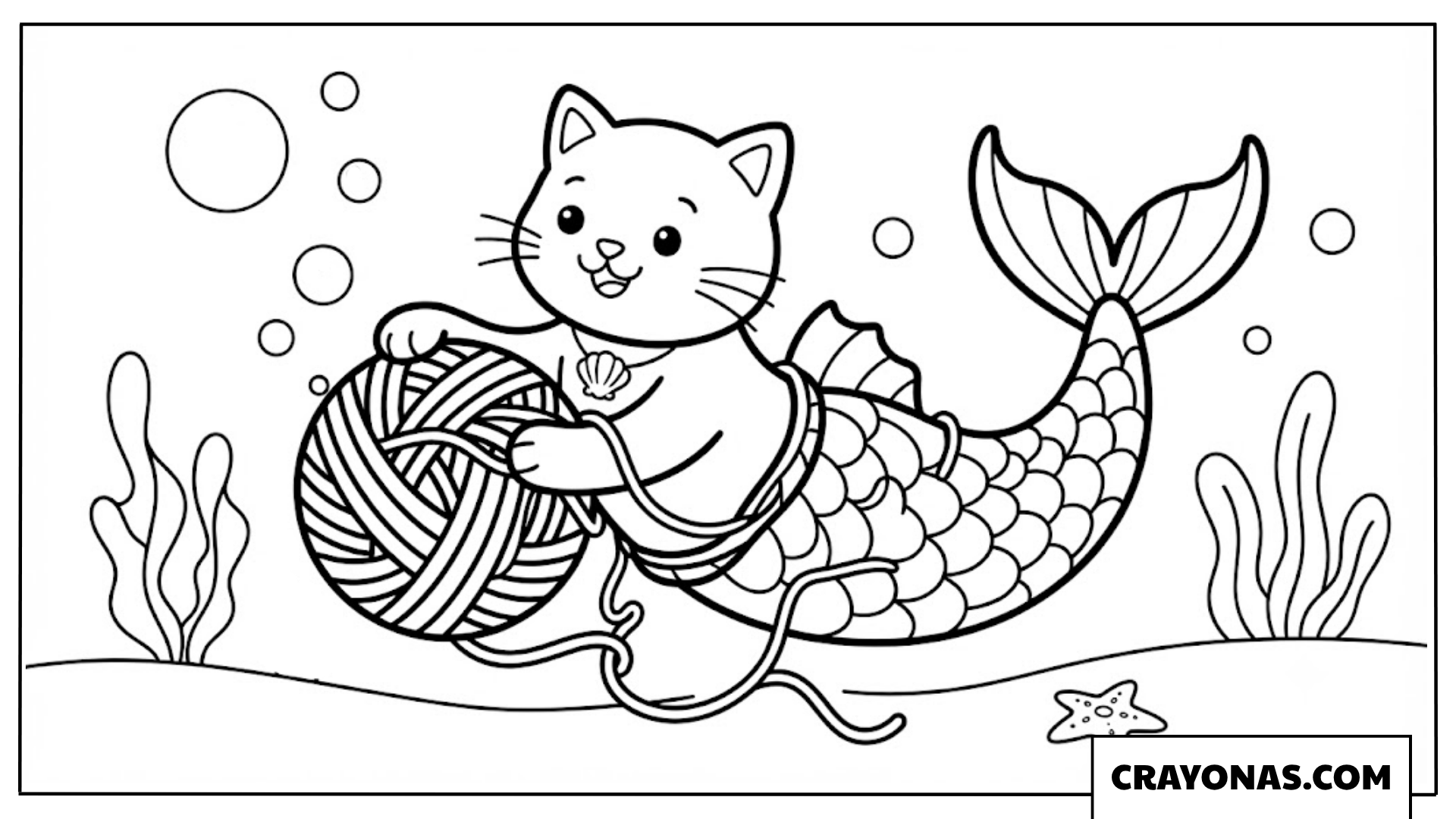 Kawaii Mer-Cat Playing with Yarn Ball Coloring Page