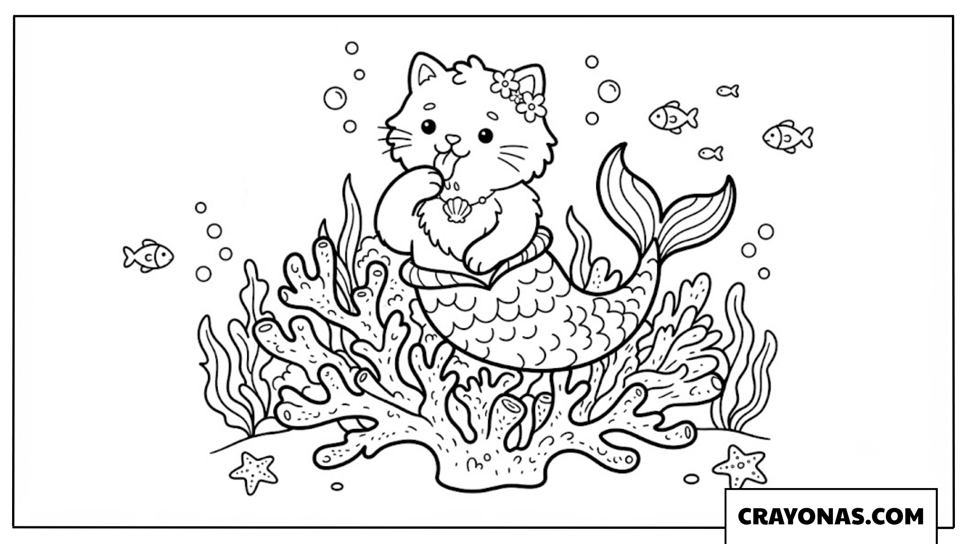 Kawaii Mer-Cat Sitting on Coral Coloring Page