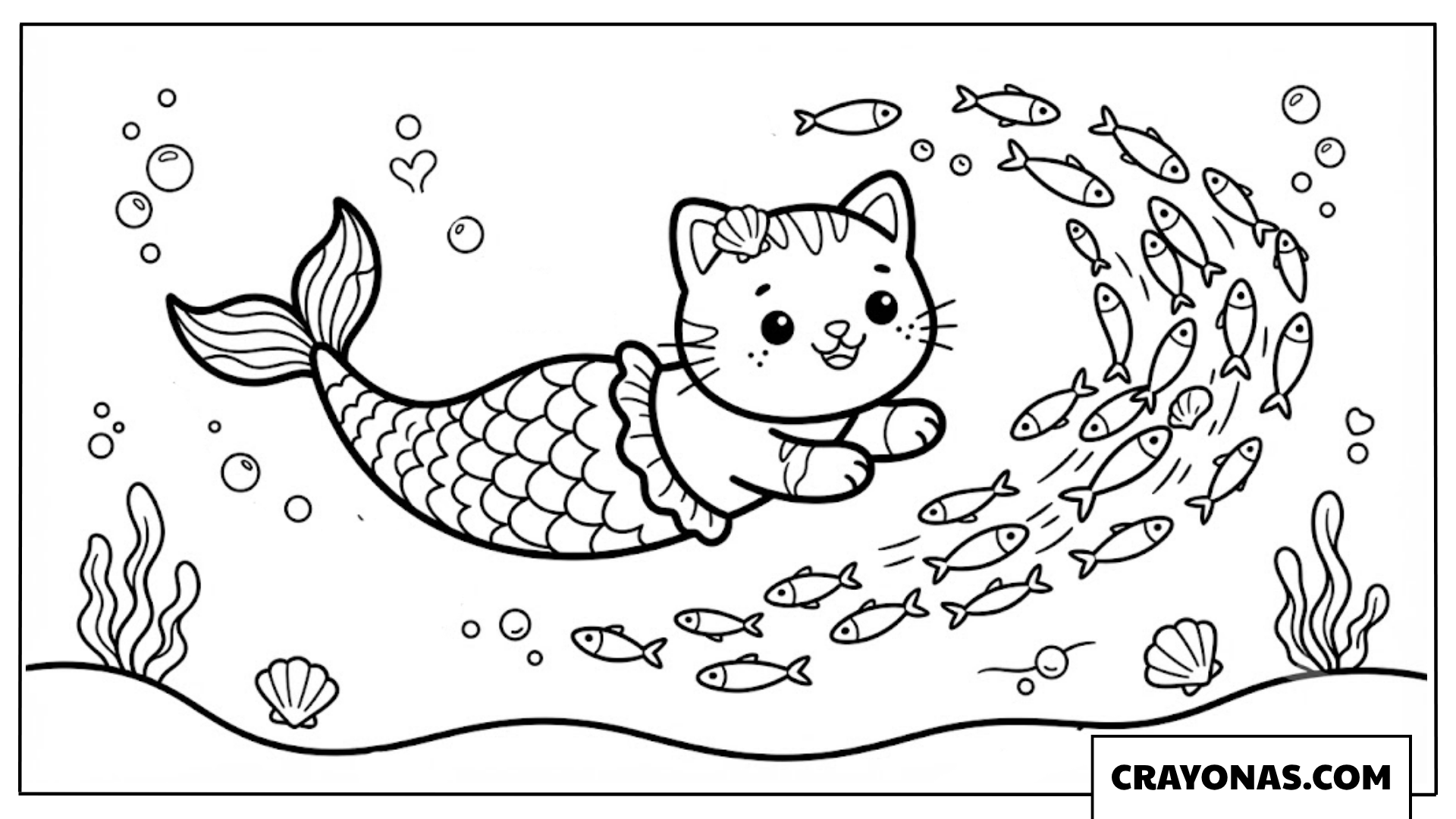 Kawaii Mer-Cat Swimming with Fish Coloring Page
