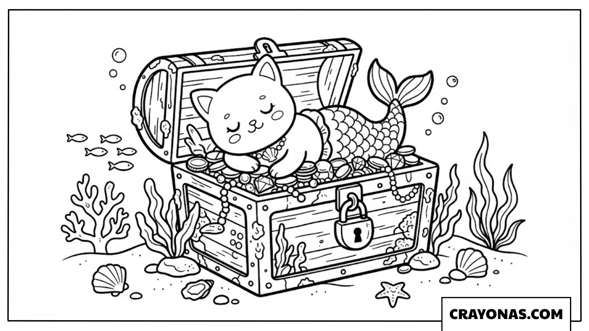 Kawaii Mer-Cat with Treasure Chest Coloring Page
