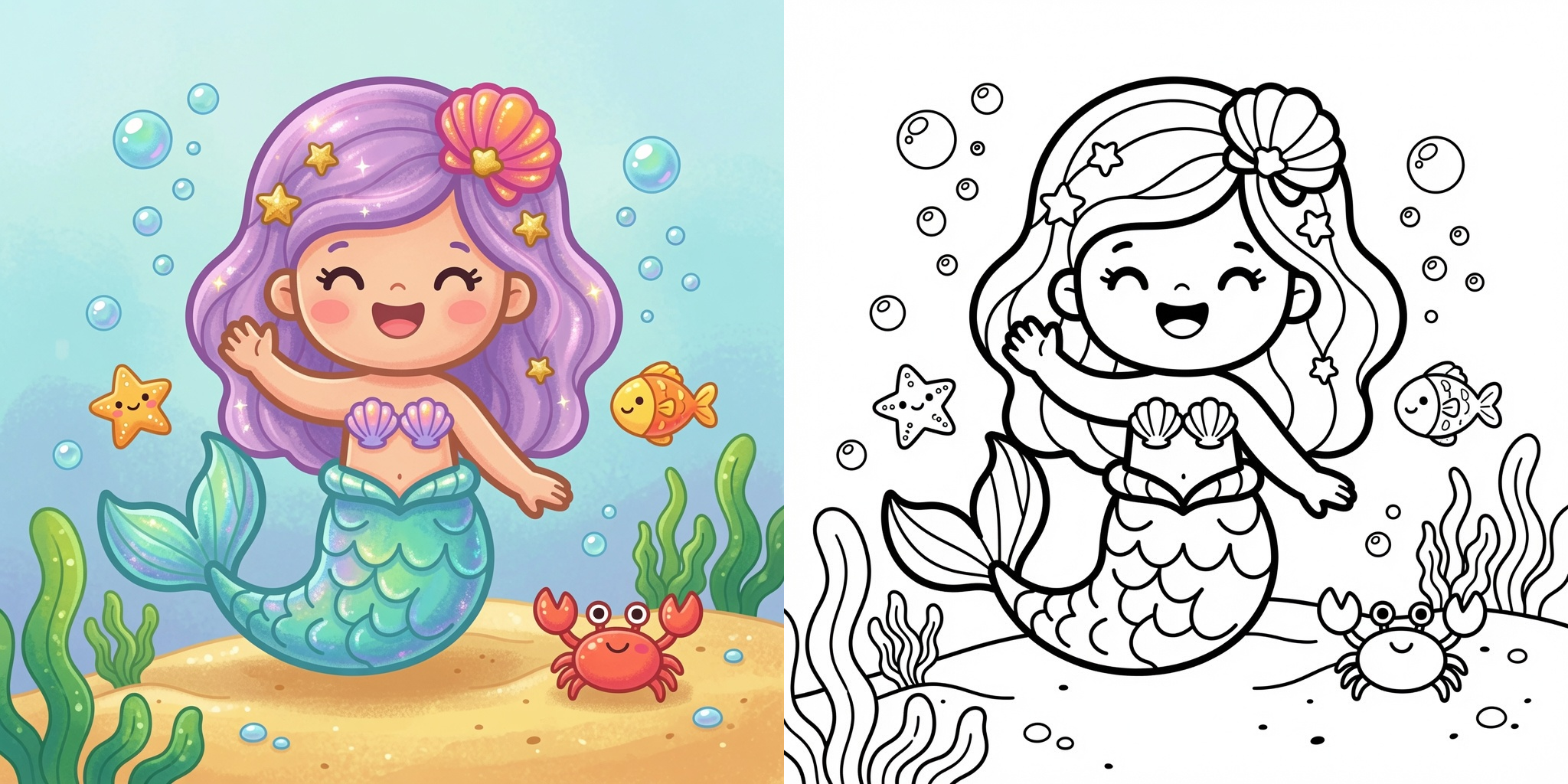 Kawaii Mermaid Coloring Pages ft - 4