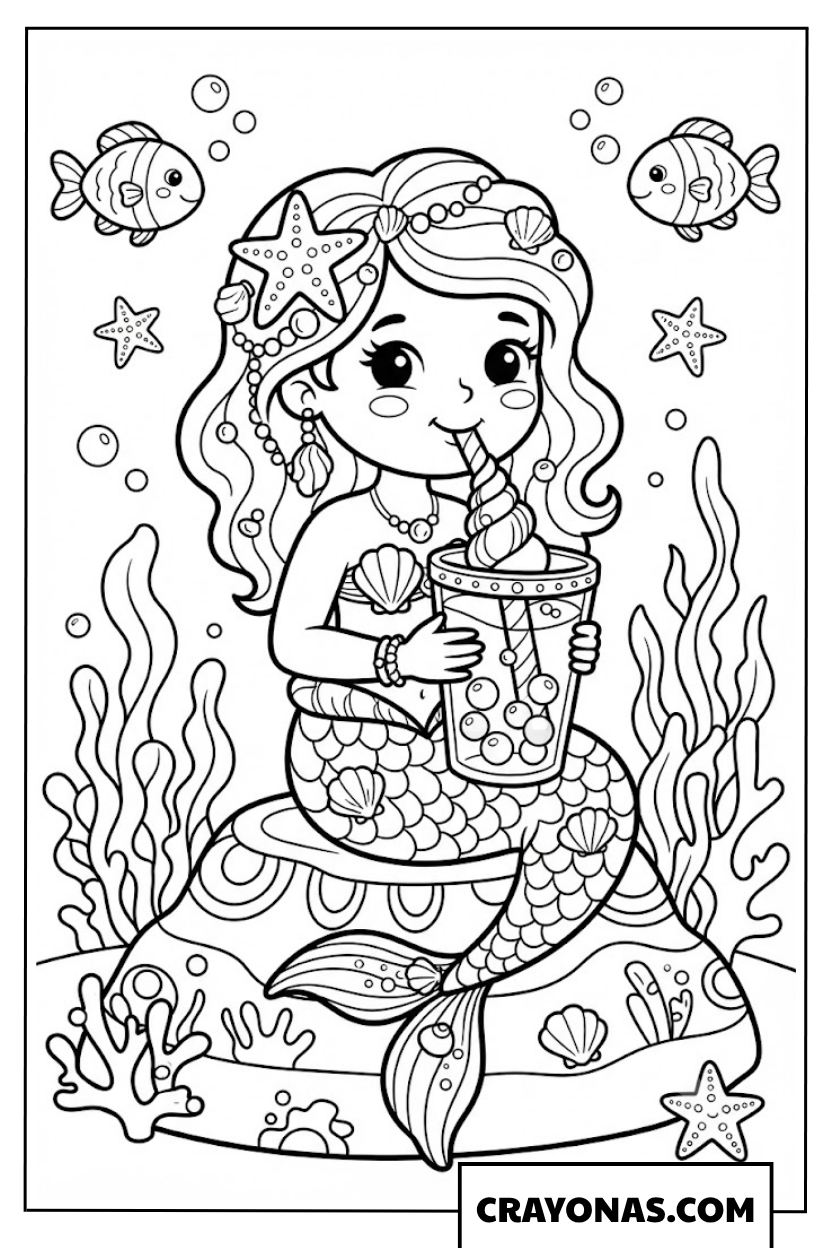 Kawaii Mermaid Drinking Bubble Tea Coloring Page
