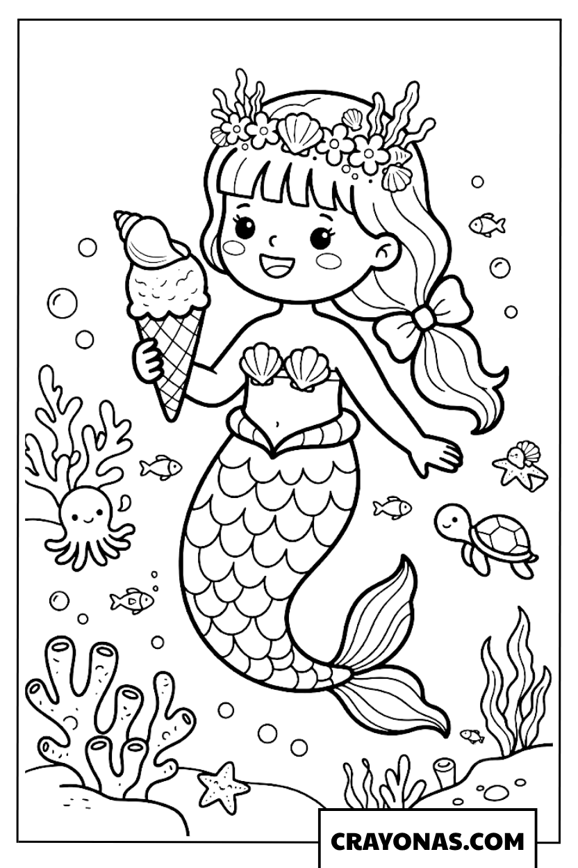 Kawaii Mermaid Holding Ice Cream Cone Coloring Page