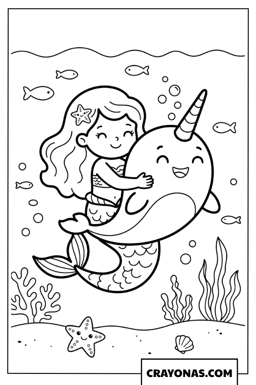 Kawaii Mermaid Hugging Narwhal Coloring Page