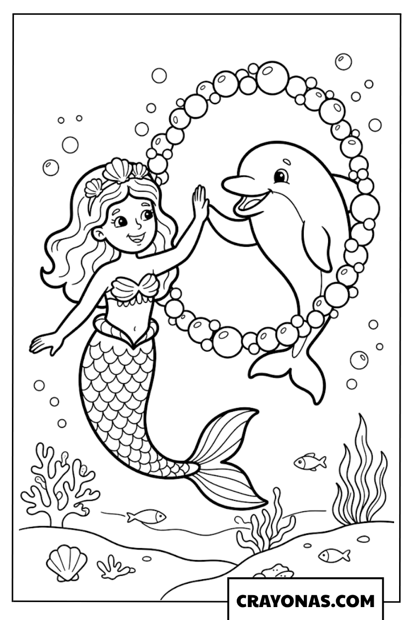 Kawaii Mermaid Playing with Dolphin Coloring Page