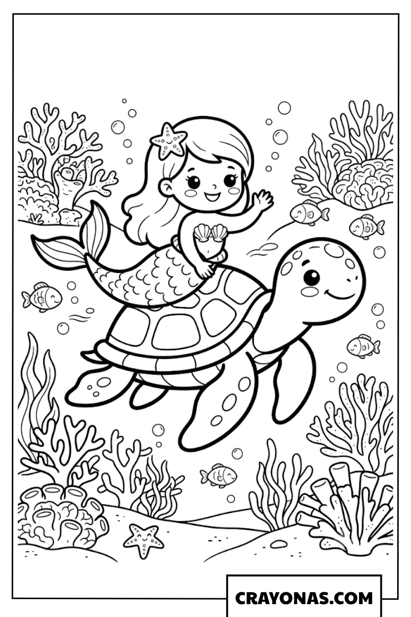 Kawaii Mermaid Riding Sea Turtle Coloring Page